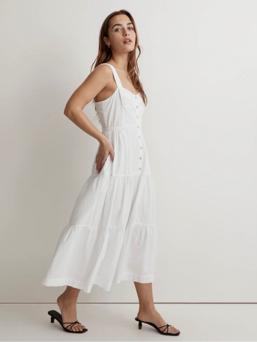 Madewell White Button-Front Tiered Midi Dress